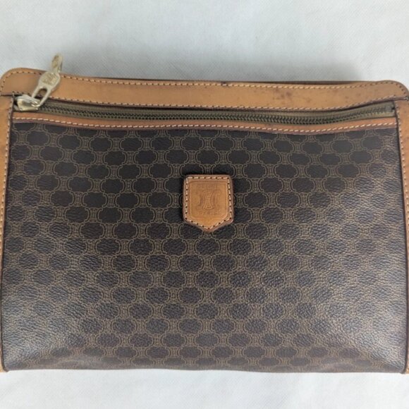 CELINE Paris Vintage Monogram Macadam Pattern Designer PVC Brown Clutch BAG - Picture 1 of 14